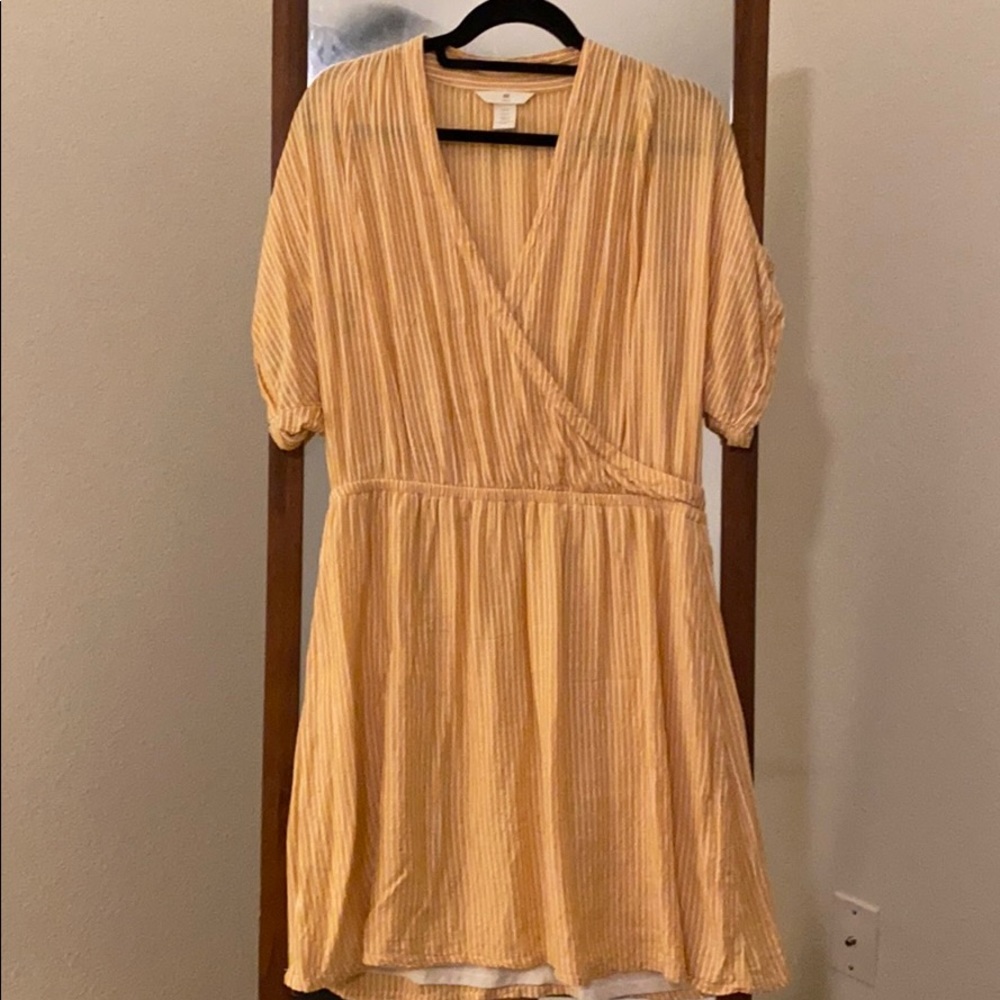 Yellow and white striped wrap dress